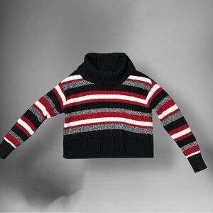 by & by Black White Red Striped Cowl Neck Sweater Women Sz XS Cropped